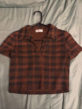Popular 21 Brown Plaid Cropped Polo Top